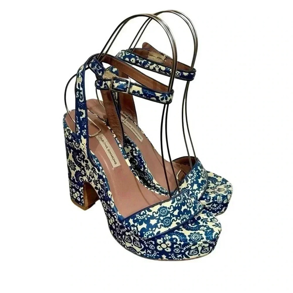 Tabitha Simmons Calla Blue & Ecru Floral Printed Leather Platform Heels Sandals - Picture 4 of 12